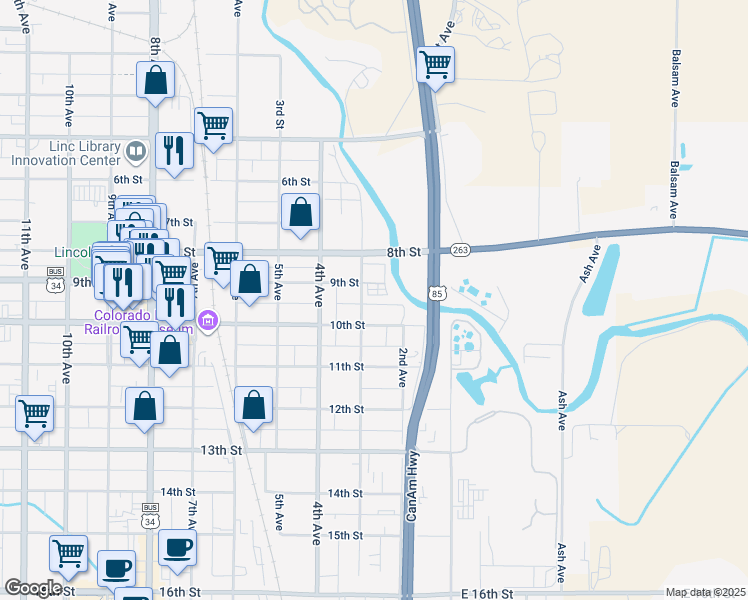 map of restaurants, bars, coffee shops, grocery stores, and more near 901 3rd Avenue in Greeley