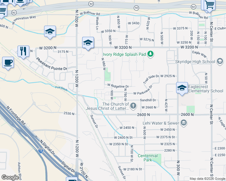 map of restaurants, bars, coffee shops, grocery stores, and more near 913 2840 North in Lehi