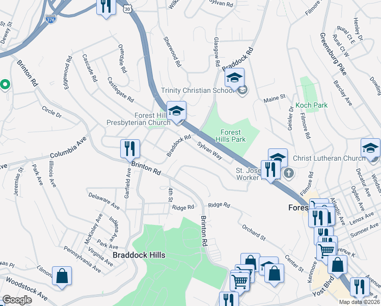 map of restaurants, bars, coffee shops, grocery stores, and more near 610 Cascade Road in Pittsburgh