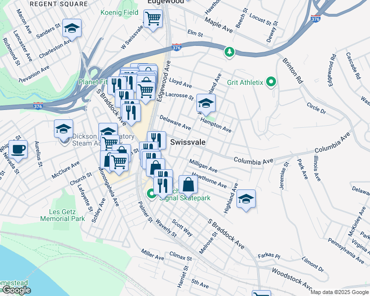 map of restaurants, bars, coffee shops, grocery stores, and more near in Swissvale