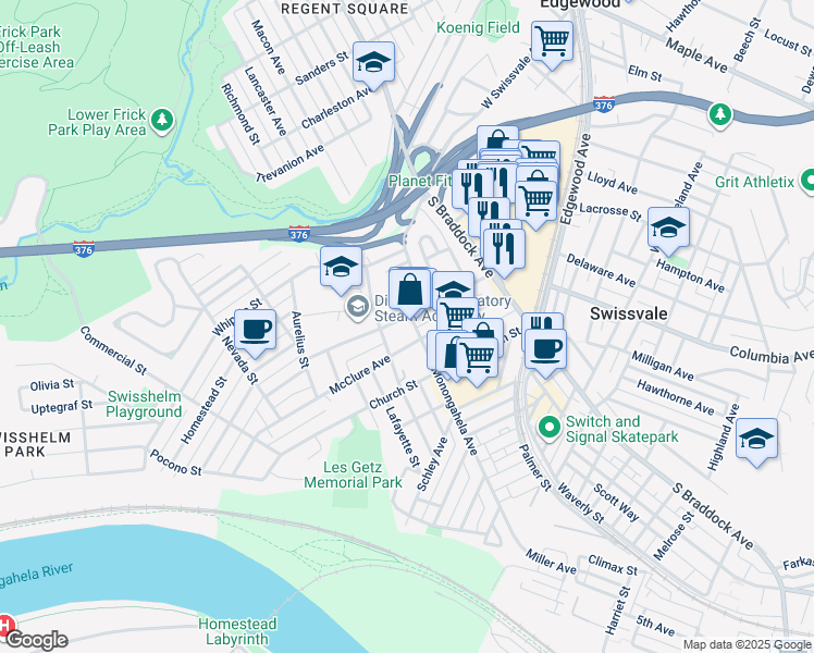 map of restaurants, bars, coffee shops, grocery stores, and more near in Swissvale