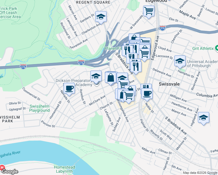 map of restaurants, bars, coffee shops, grocery stores, and more near in Swissvale