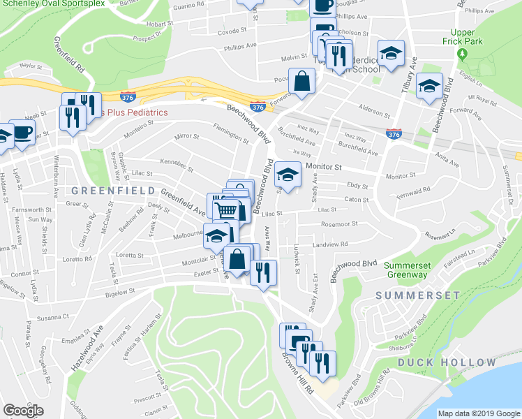 map of restaurants, bars, coffee shops, grocery stores, and more near 3529 Beechwood Boulevard in Pittsburgh