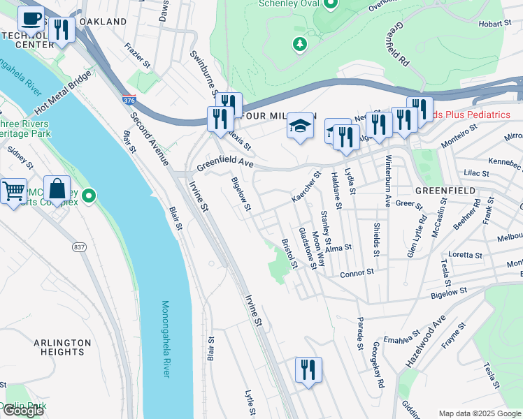 map of restaurants, bars, coffee shops, grocery stores, and more near 229 Kaercher Street in Pittsburgh