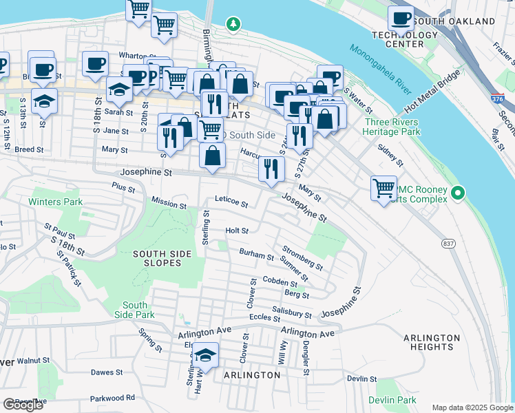 map of restaurants, bars, coffee shops, grocery stores, and more near 20 Kosciusko Way in Pittsburgh