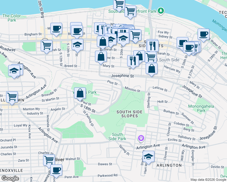 map of restaurants, bars, coffee shops, grocery stores, and more near 2014 Gregory Street in Pittsburgh