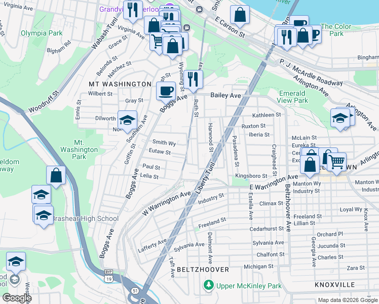 map of restaurants, bars, coffee shops, grocery stores, and more near 81 Larkfield Way in Pittsburgh