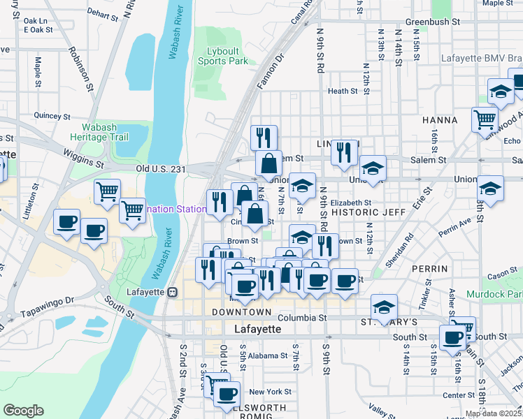 map of restaurants, bars, coffee shops, grocery stores, and more near North 6th Street in Lafayette