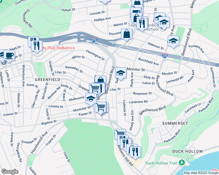 map of restaurants, bars, coffee shops, grocery stores, and more near 3529 Beechwood Boulevard in Pittsburgh