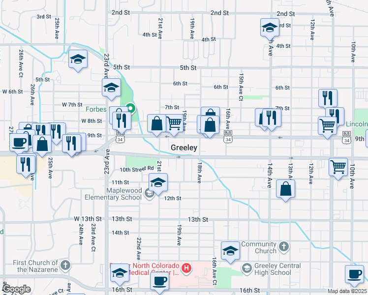 map of restaurants, bars, coffee shops, grocery stores, and more near in Greeley