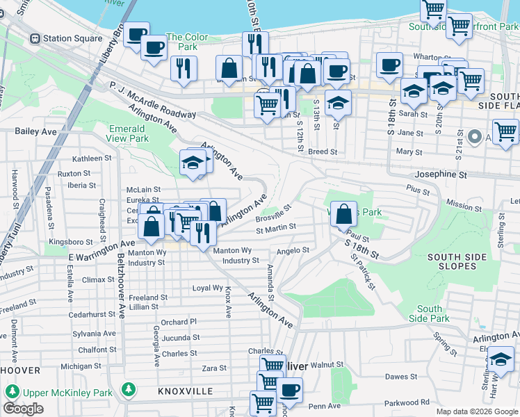 map of restaurants, bars, coffee shops, grocery stores, and more near in Pittsburgh