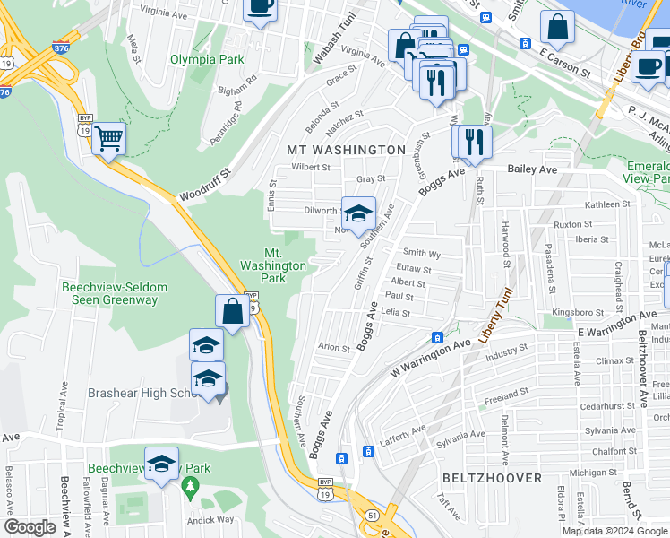 map of restaurants, bars, coffee shops, grocery stores, and more near 36 Penelope Street in Pittsburgh