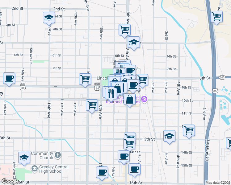 map of restaurants, bars, coffee shops, grocery stores, and more near 918 1/2 9th Avenue in Greeley