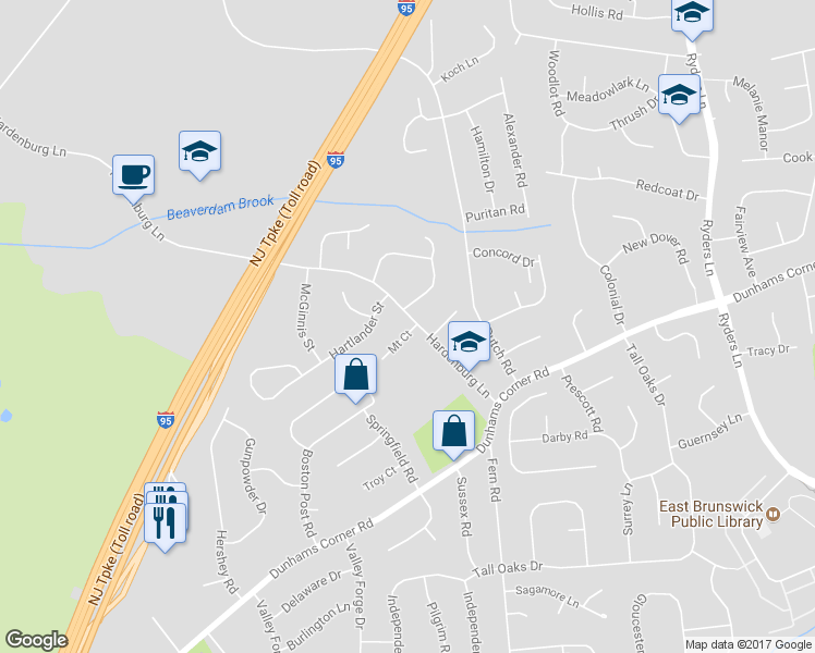 map of restaurants, bars, coffee shops, grocery stores, and more near 2 Mount Court in East Brunswick
