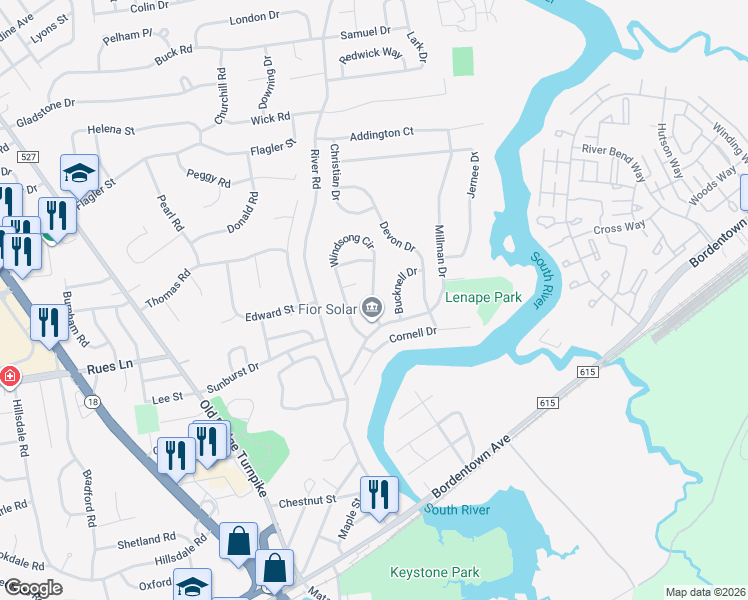 map of restaurants, bars, coffee shops, grocery stores, and more near 187 Windsong Cir in East Brunswick