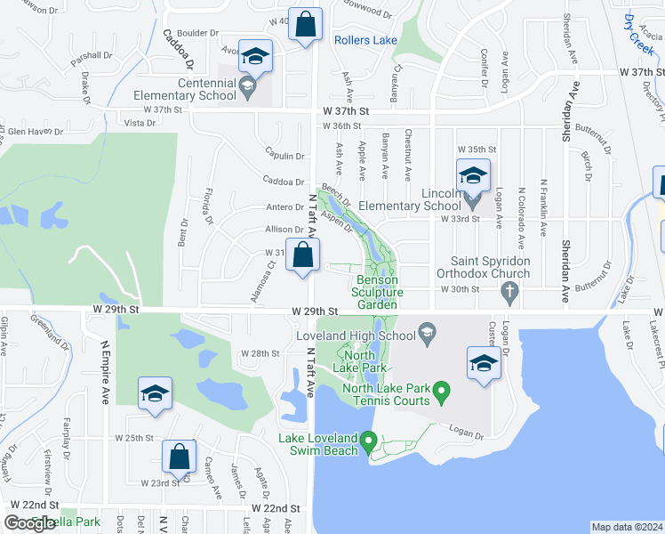 map of restaurants, bars, coffee shops, grocery stores, and more near 1315 Aspen Place in Loveland