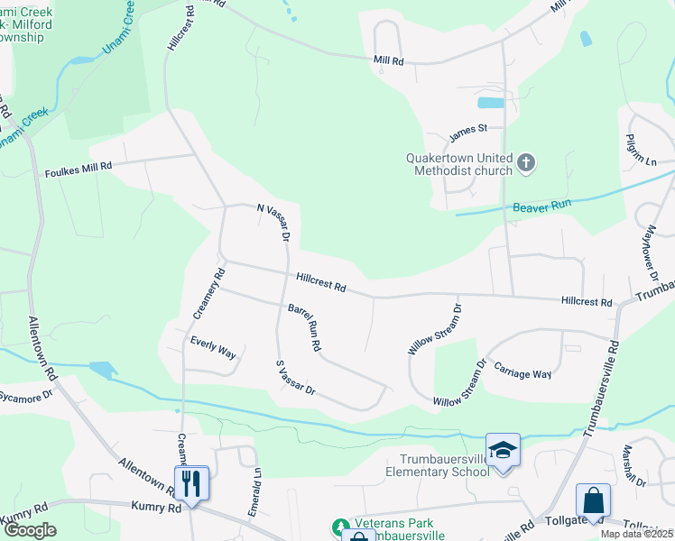 map of restaurants, bars, coffee shops, grocery stores, and more near 2310 Hillcrest Road in Quakertown