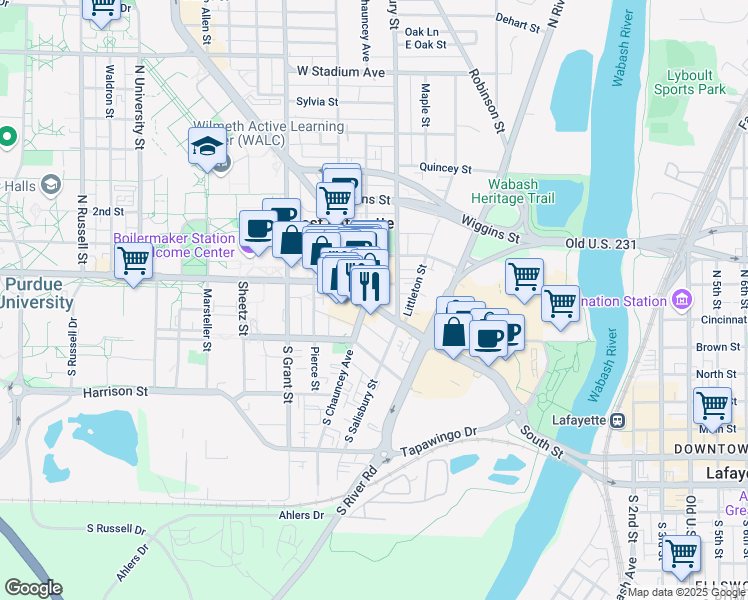 map of restaurants, bars, coffee shops, grocery stores, and more near 134 West State Street in West Lafayette