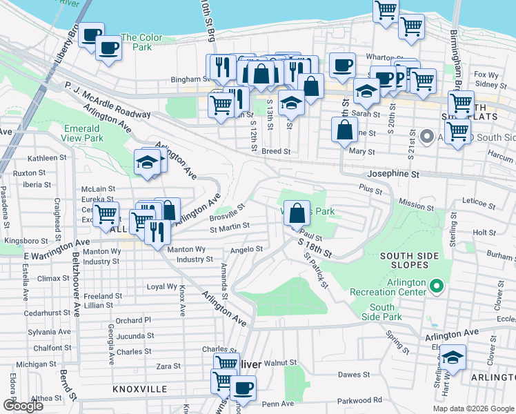 map of restaurants, bars, coffee shops, grocery stores, and more near 8 Monastery Street in Pittsburgh