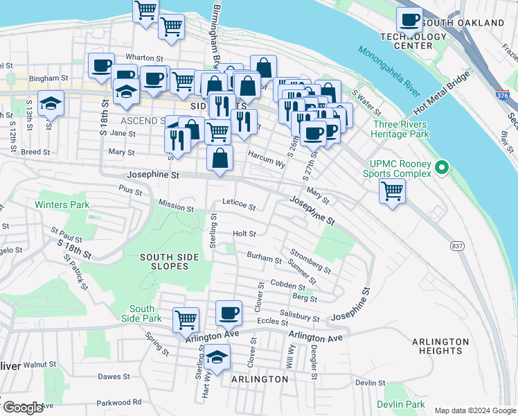 map of restaurants, bars, coffee shops, grocery stores, and more near 2519 Leticoe Street in Pittsburgh