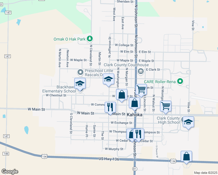 map of restaurants, bars, coffee shops, grocery stores, and more near 384 North Jefferson Street in Kahoka