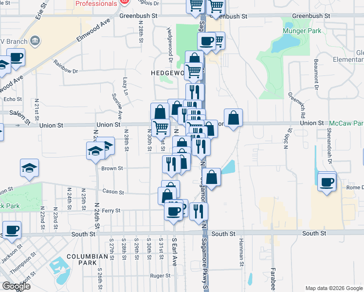 map of restaurants, bars, coffee shops, grocery stores, and more near 627 North Earl Avenue in Lafayette
