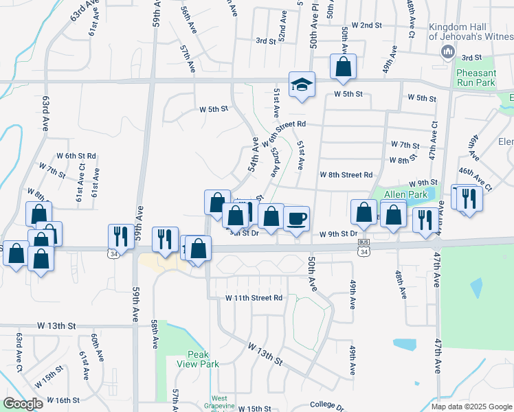 map of restaurants, bars, coffee shops, grocery stores, and more near 5218 West 9th Street in Greeley