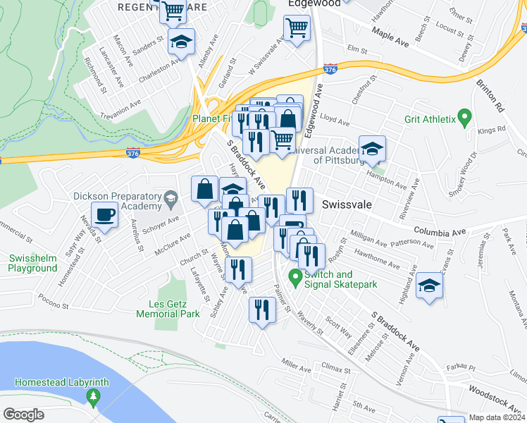 map of restaurants, bars, coffee shops, grocery stores, and more near 7466 Delmar Way in Pittsburgh