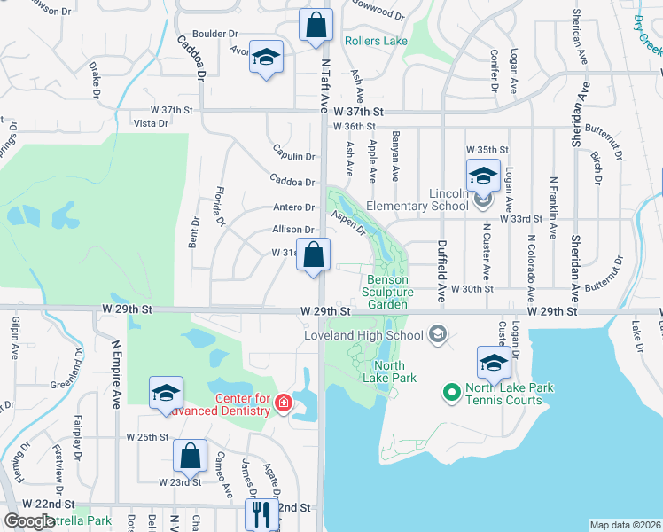 map of restaurants, bars, coffee shops, grocery stores, and more near 1373 Aspen Place in Loveland