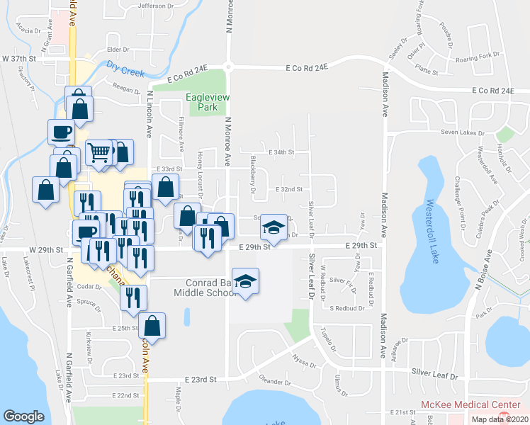 map of restaurants, bars, coffee shops, grocery stores, and more near 833 Scotch Elm Drive in Loveland