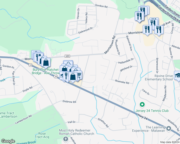 map of restaurants, bars, coffee shops, grocery stores, and more near 4 Montauk Court in Matawan