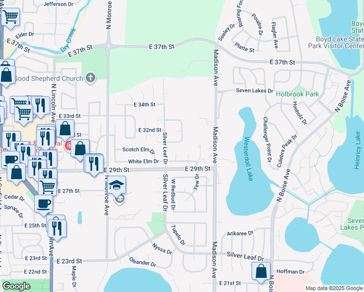 map of restaurants, bars, coffee shops, grocery stores, and more near 1010 Blue Spruce Dr in Loveland