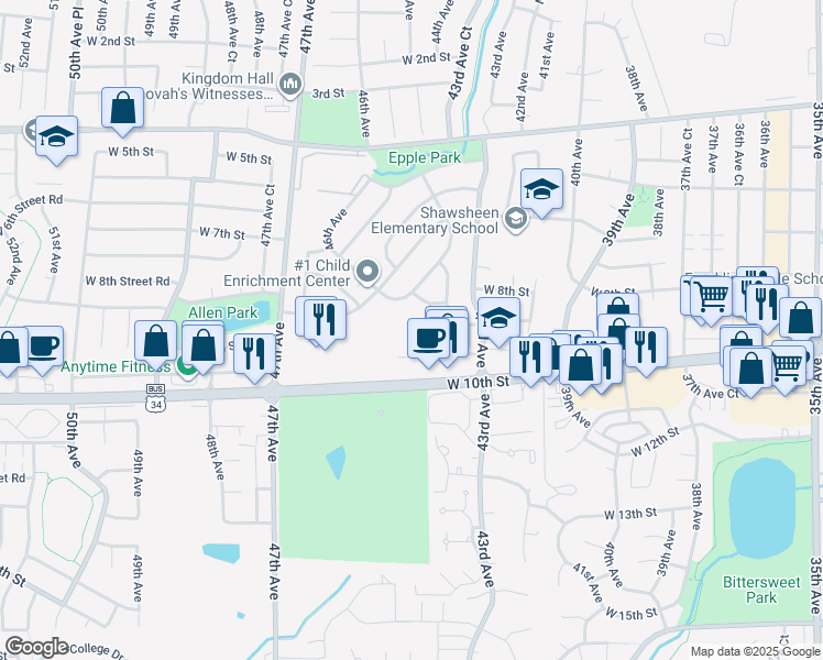 map of restaurants, bars, coffee shops, grocery stores, and more near 911 44th Avenue Court in Greeley