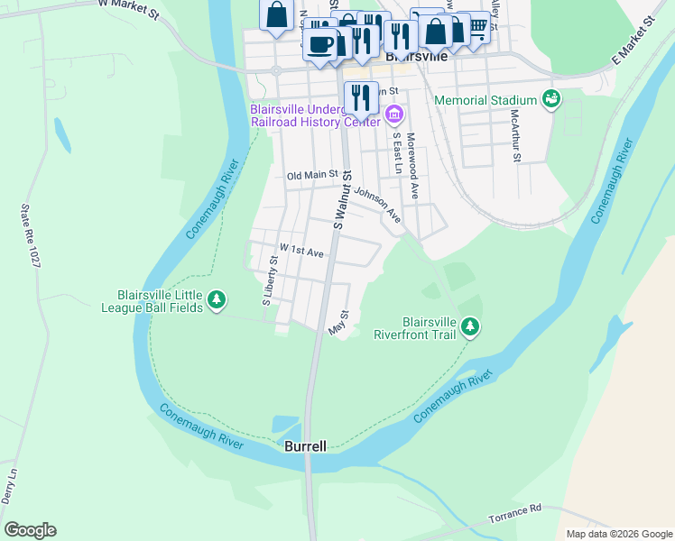 map of restaurants, bars, coffee shops, grocery stores, and more near 555 South Walnut Street in Blairsville