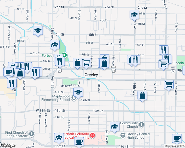 map of restaurants, bars, coffee shops, grocery stores, and more near 914 19th Avenue in Greeley