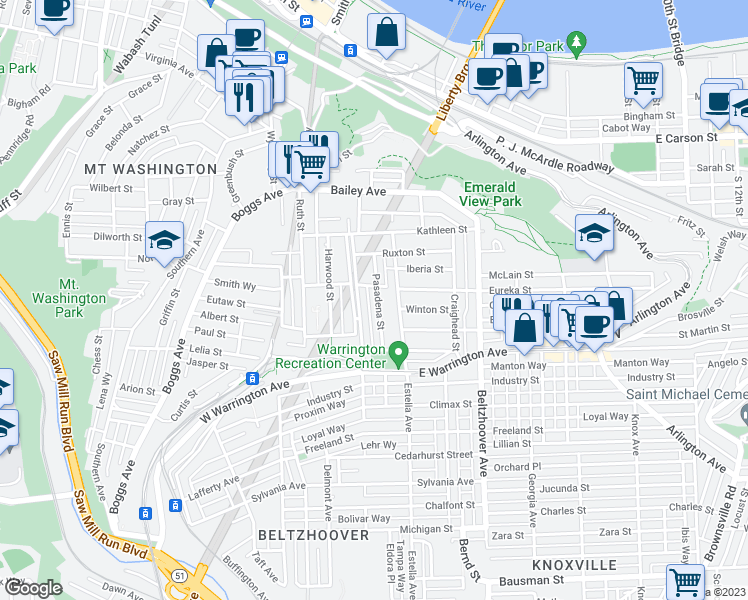 map of restaurants, bars, coffee shops, grocery stores, and more near 66 Pasadena Street in Pittsburgh