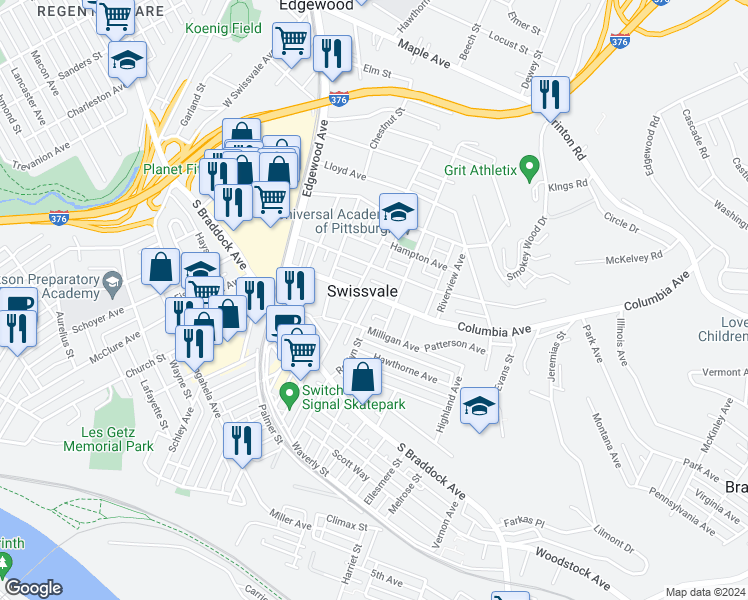 map of restaurants, bars, coffee shops, grocery stores, and more near 2116 Columbia Avenue in Pittsburgh