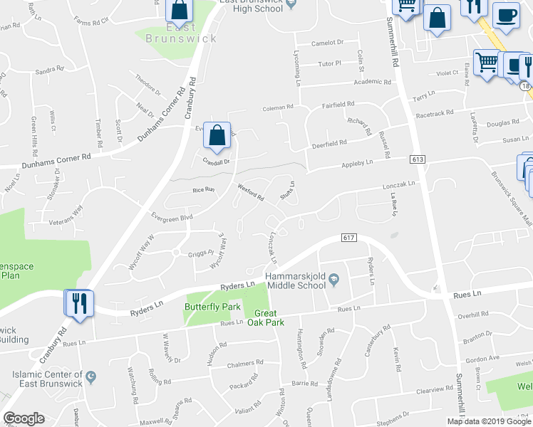 map of restaurants, bars, coffee shops, grocery stores, and more near 75 Wooten Court in East Brunswick