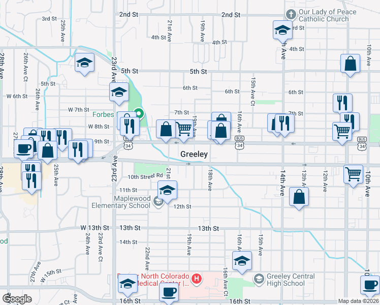 map of restaurants, bars, coffee shops, grocery stores, and more near in Greeley