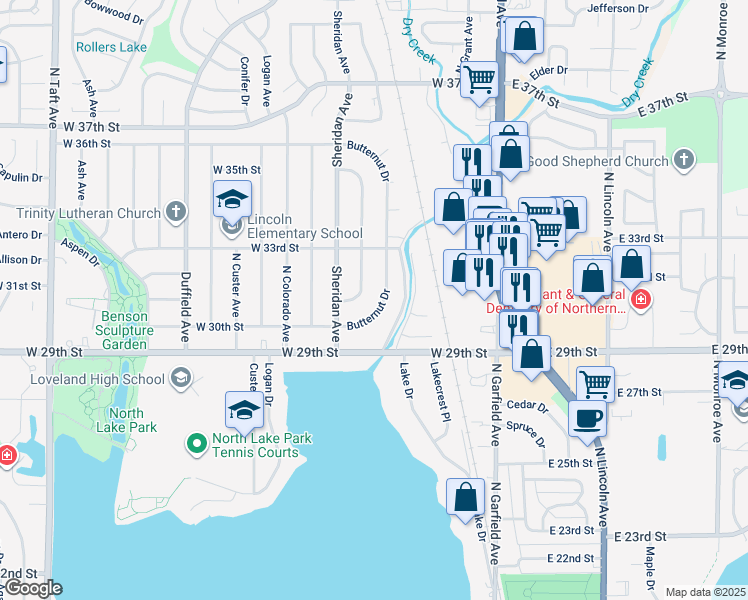 map of restaurants, bars, coffee shops, grocery stores, and more near 3120 Butternut Drive in Loveland