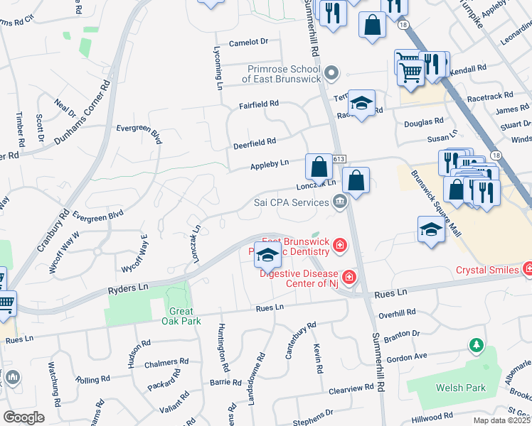 map of restaurants, bars, coffee shops, grocery stores, and more near 134 Baron Lane in East Brunswick