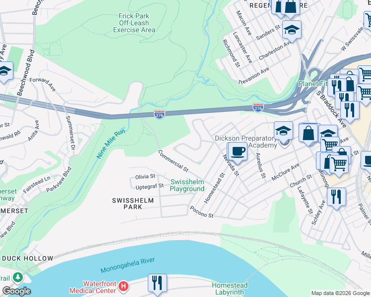 map of restaurants, bars, coffee shops, grocery stores, and more near 1155 Windermere Drive in Pittsburgh