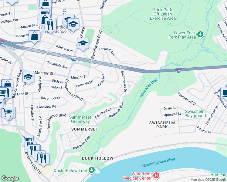 map of restaurants, bars, coffee shops, grocery stores, and more near 1240 Crescent Place in Pittsburgh