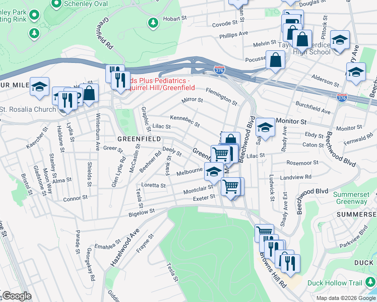 map of restaurants, bars, coffee shops, grocery stores, and more near 938 Greenfield Avenue in Pittsburgh
