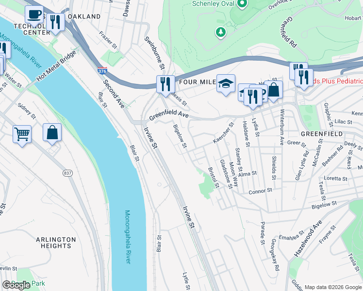 map of restaurants, bars, coffee shops, grocery stores, and more near 69 Bigelow Street in Pittsburgh