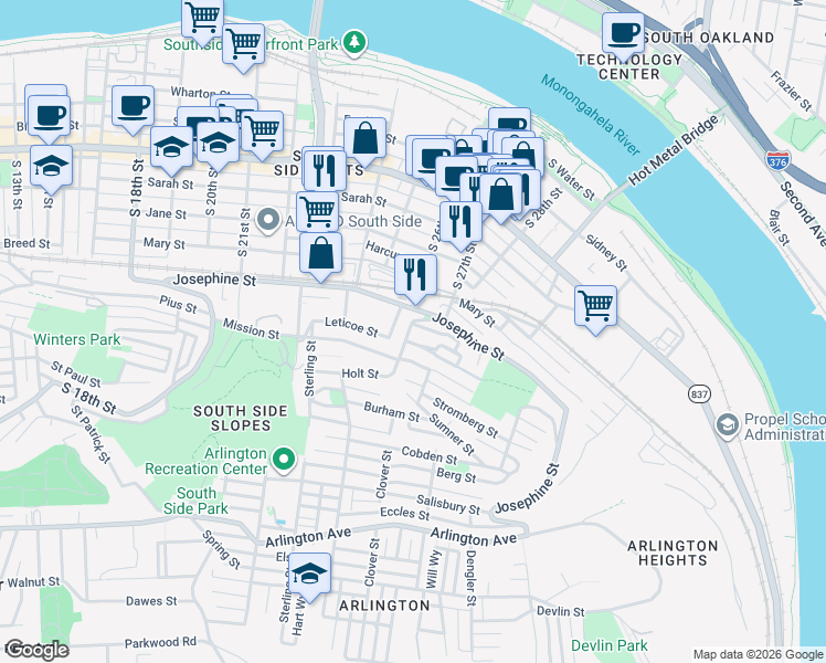 map of restaurants, bars, coffee shops, grocery stores, and more near 2611 McCord Street in Pittsburgh