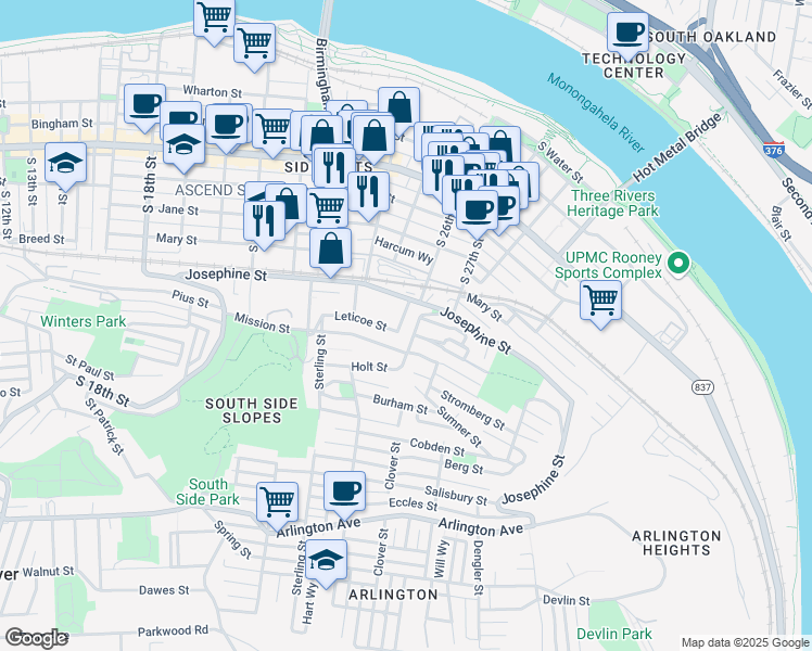 map of restaurants, bars, coffee shops, grocery stores, and more near 20 Kosciusko Way in Pittsburgh