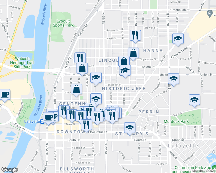 map of restaurants, bars, coffee shops, grocery stores, and more near 621 North 10th Street in Lafayette
