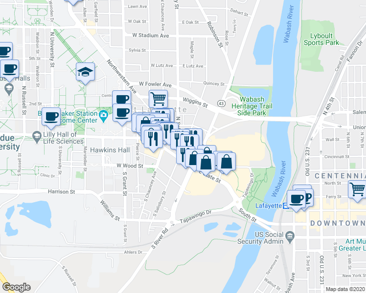 map of restaurants, bars, coffee shops, grocery stores, and more near 32 North Salisbury Street in West Lafayette