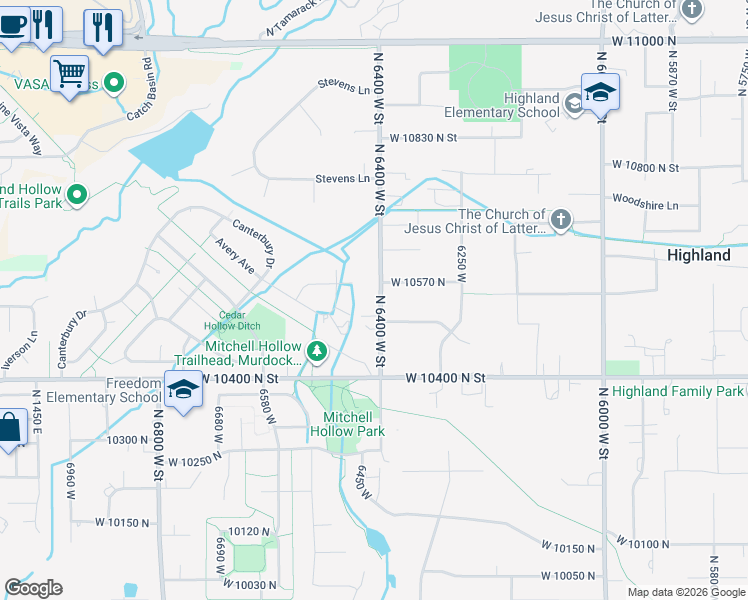 map of restaurants, bars, coffee shops, grocery stores, and more near 10555 North 6400 West Street in Highland